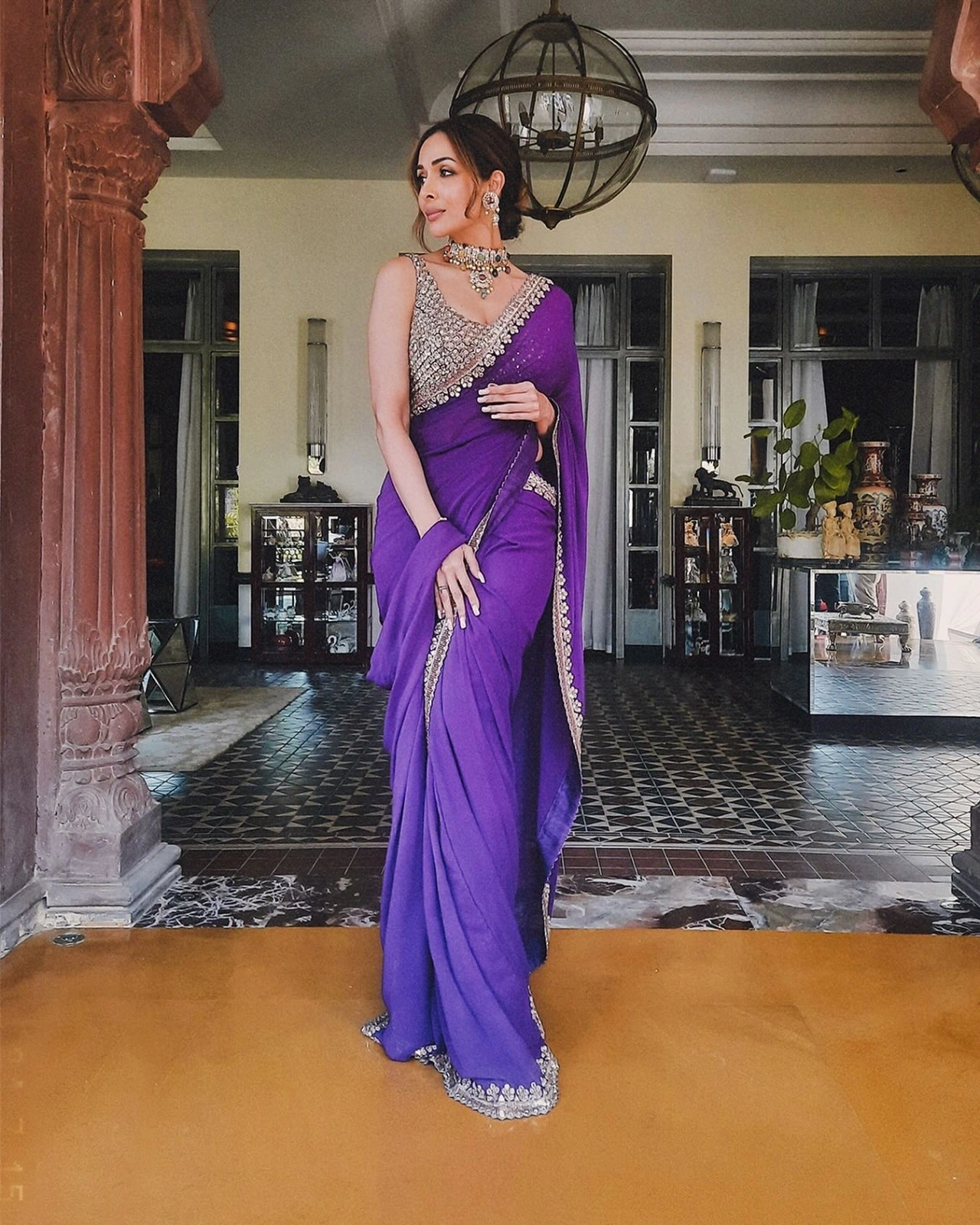 Purple Georgette Hand-Embroidered Saree: Glamour &amp; Sophistication-SN778