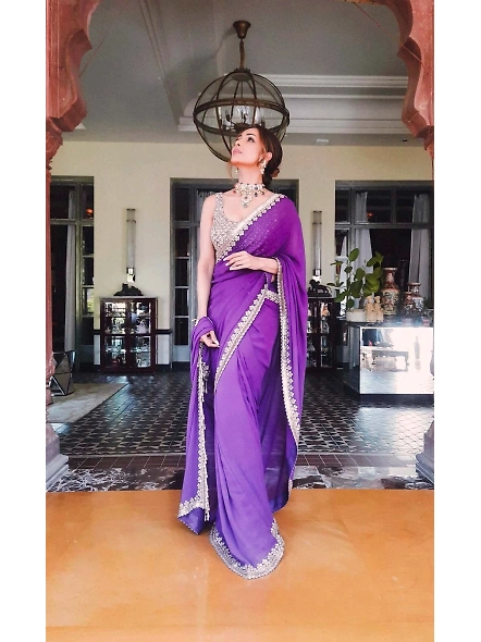 Purple Georgette Hand-Embroidered Saree: Glamour &amp; Sophistication-Purple-2