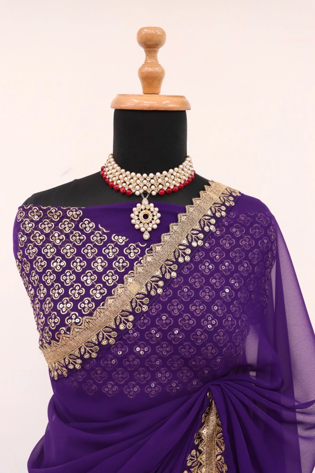 Purple Georgette Hand-Embroidered Saree: Glamour &amp; Sophistication-Purple-3