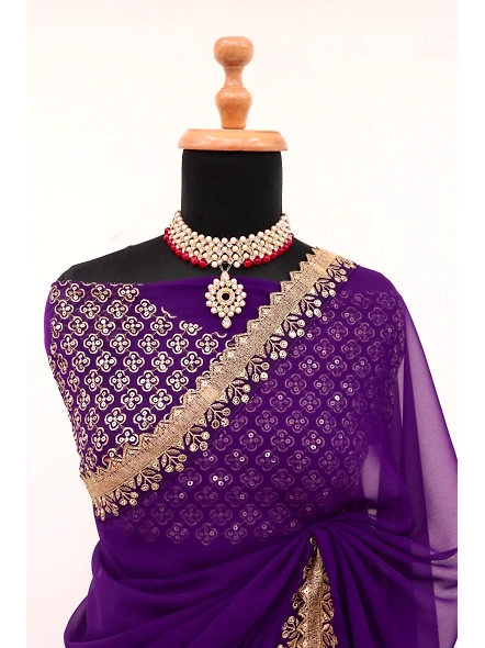 Purple Georgette Hand-Embroidered Saree: Glamour &amp; Sophistication-Purple-3