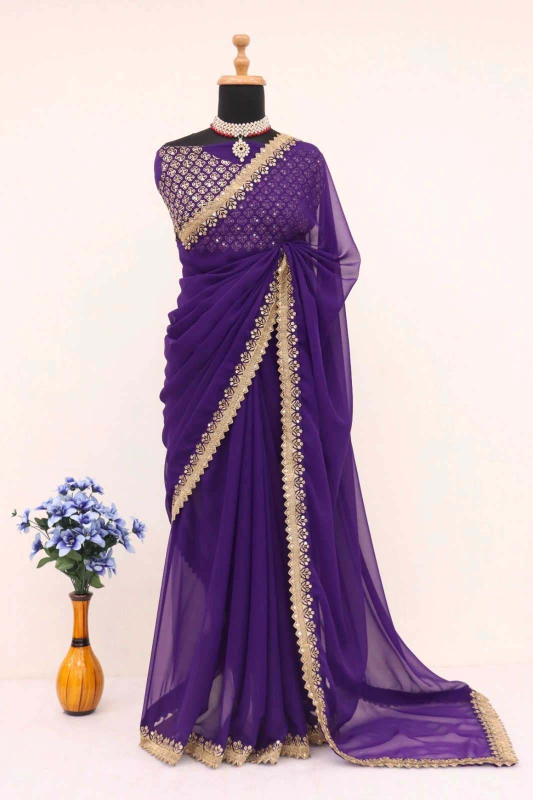 Purple Georgette Hand-Embroidered Saree: Glamour &amp; Sophistication-Purple-4