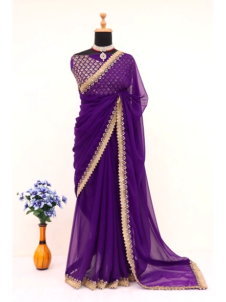 Purple Georgette Hand-Embroidered Saree: Glamour &amp; Sophistication-Purple-4