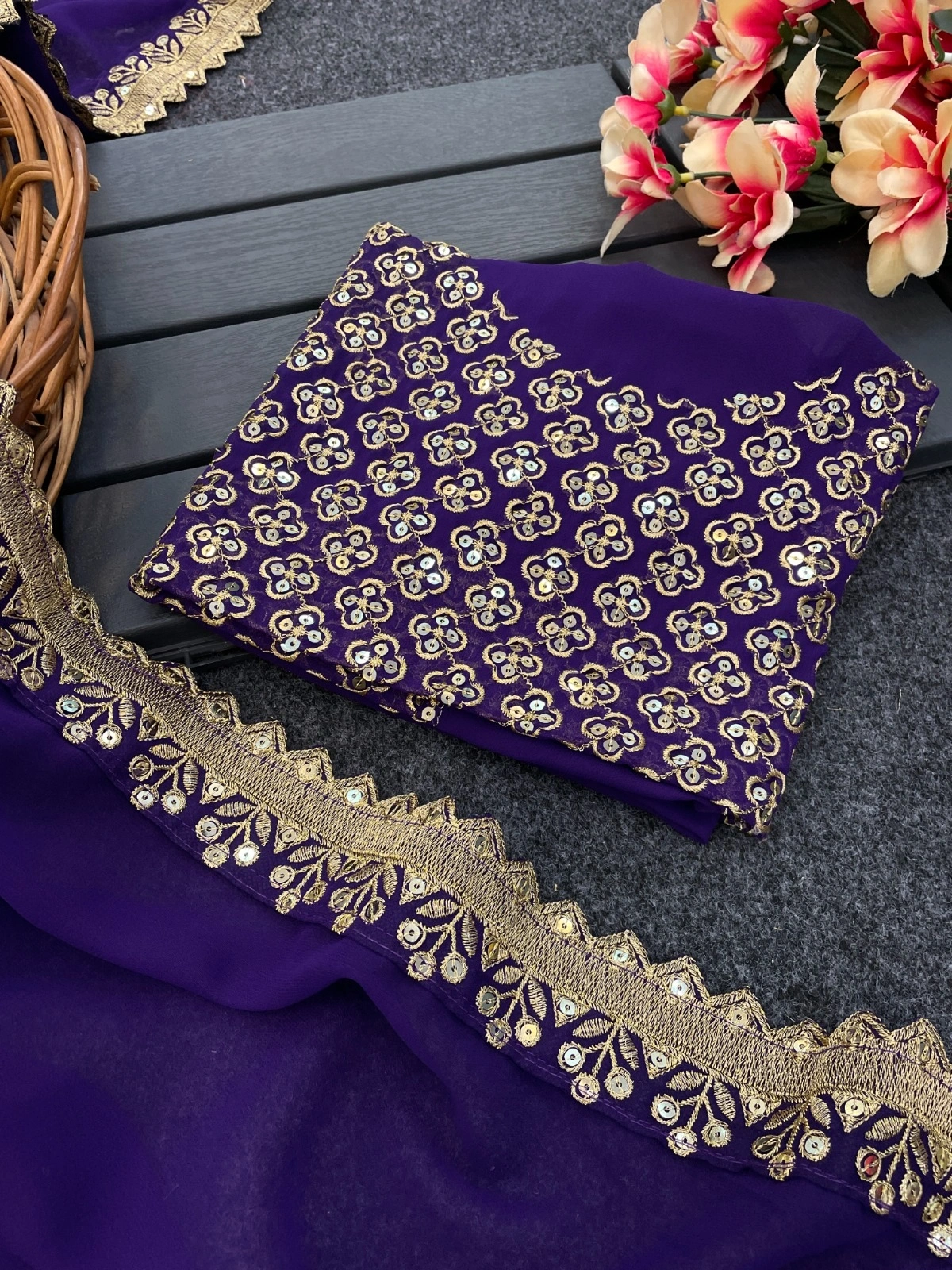 Purple Georgette Hand-Embroidered Saree: Glamour &amp; Sophistication-Purple-5