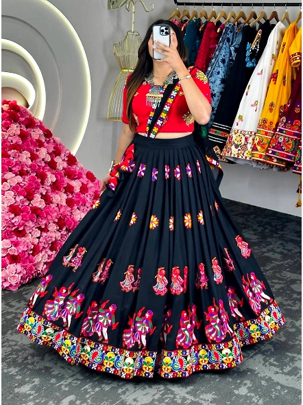 Black Color Rayon Mirror Work Lehenga Choli-QRC8082