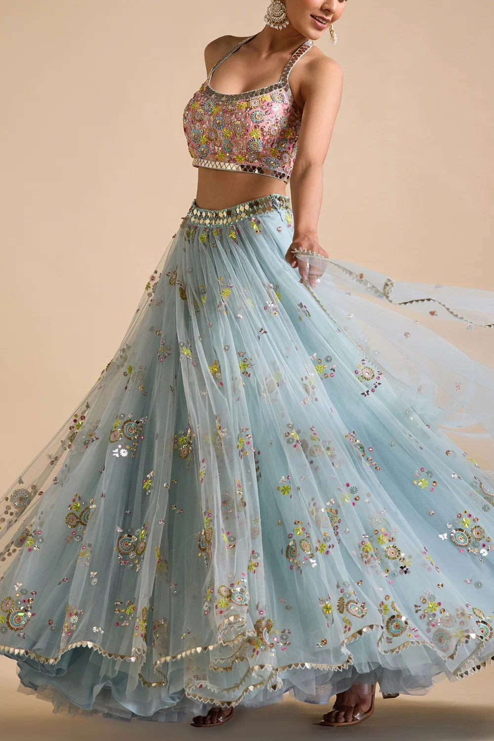 Icy blue floral embroidered lehenga set