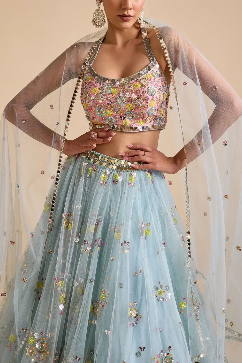 Icy blue floral embroidered lehenga set