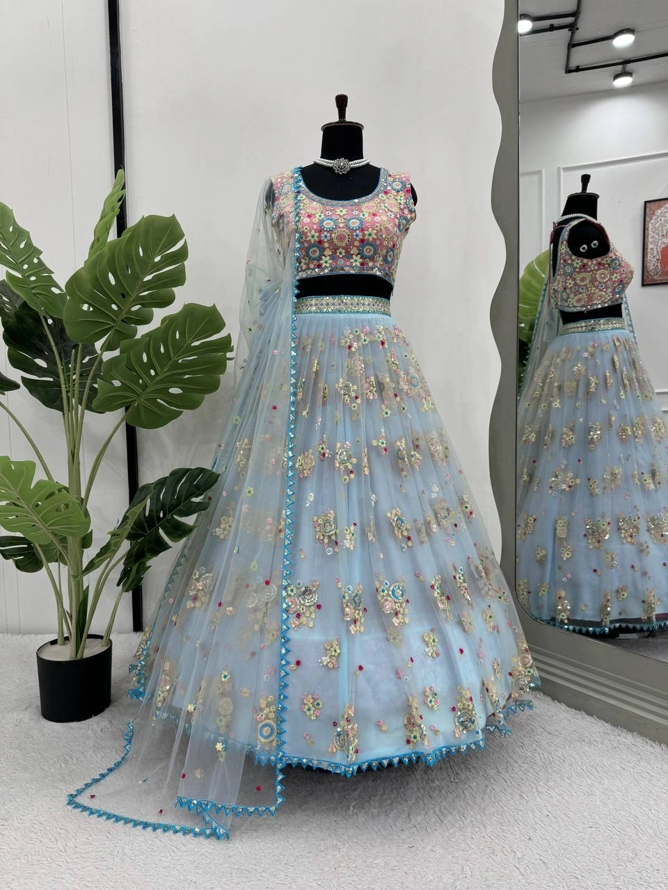 Icy blue floral embroidered lehenga set