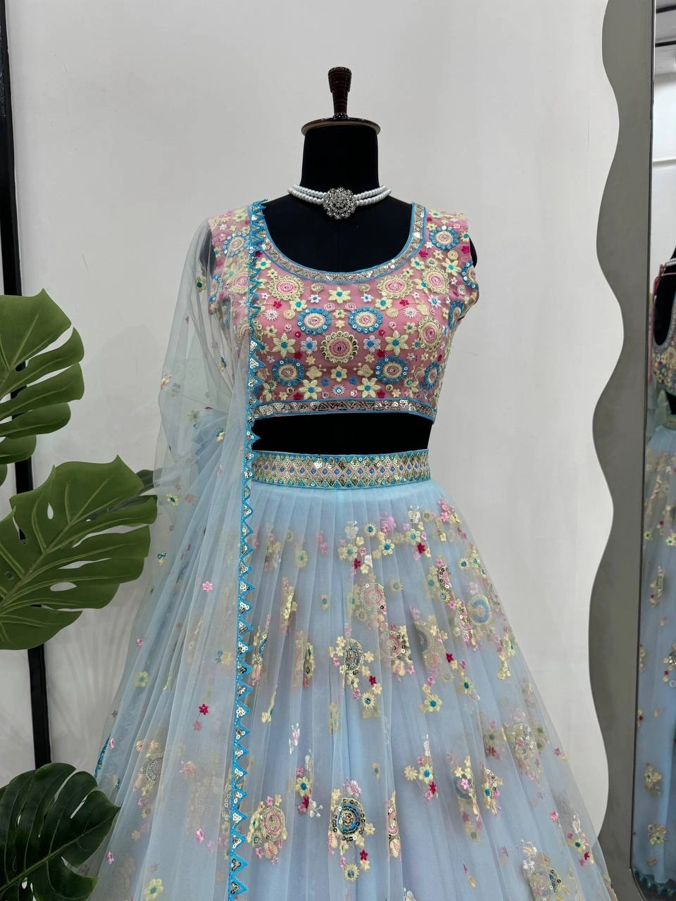 Icy blue floral embroidered lehenga set