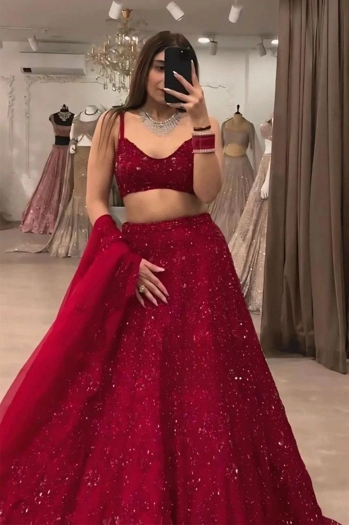 Heavy Flair Crop Top Red Lehenga Set | Chinon Silk Lehenga-Red-1