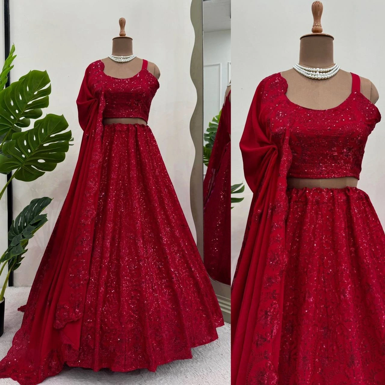 Heavy Flair Crop Top Red Lehenga Set | Chinon Silk Lehenga-Red-2