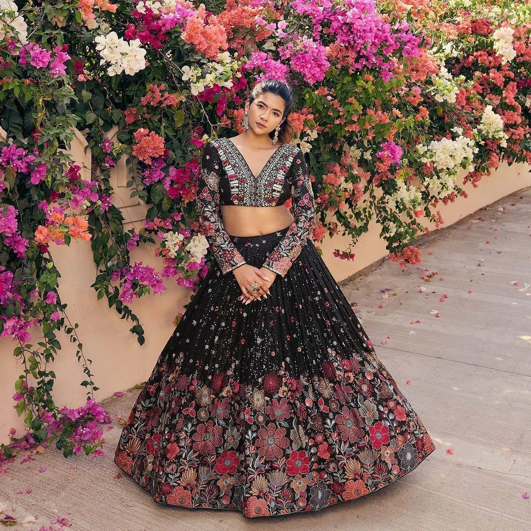 Black Floral Print Georgette Embroidered Lehenga-Black-1