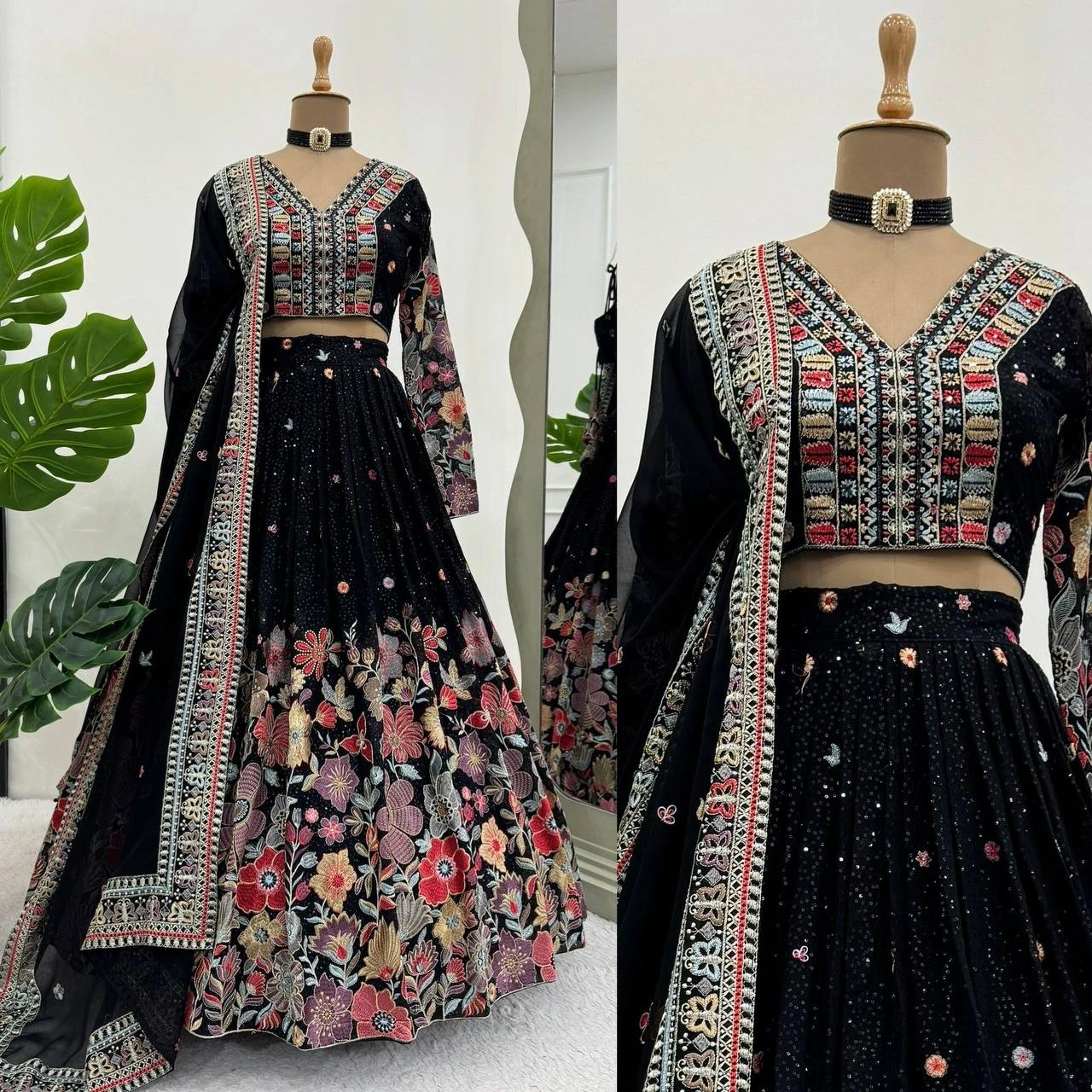 Black Floral Print Georgette Embroidered Lehenga-Black-2