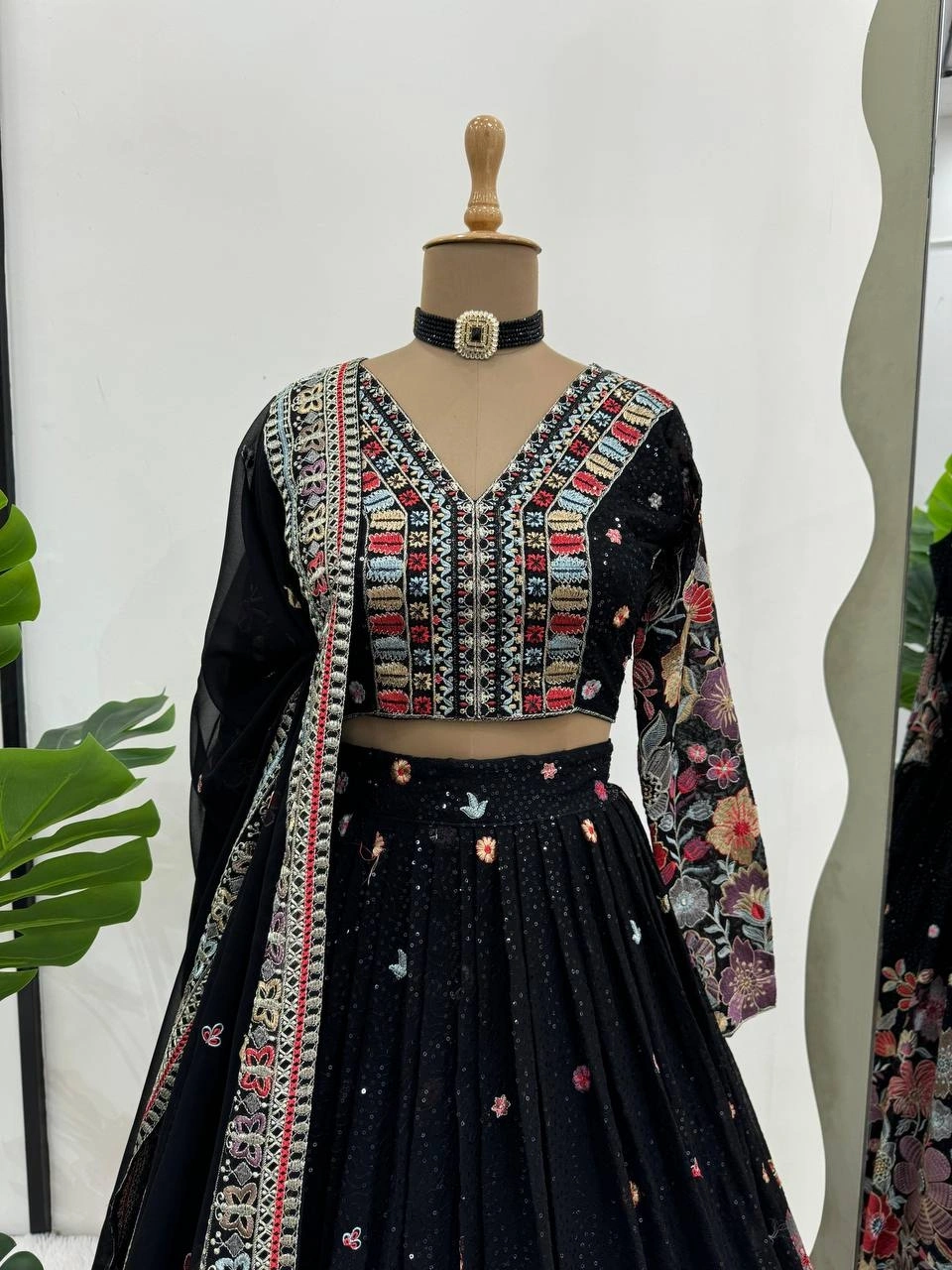 Black Floral Print Georgette Embroidered Lehenga-Black-4