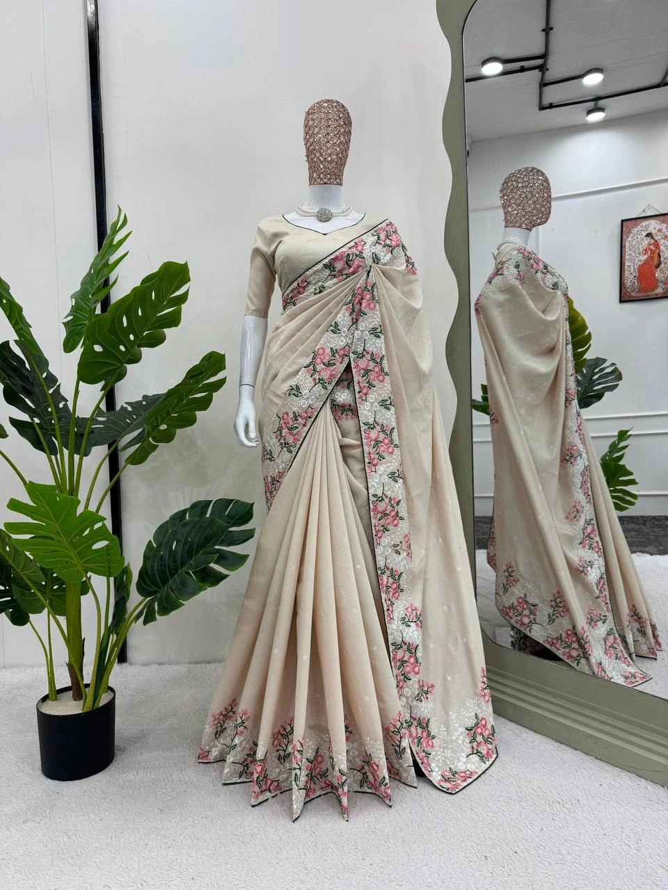 Premium Soft Silk Thread Embroidered Saree - Luxury Elegance for Special Occasions-Ivory-1