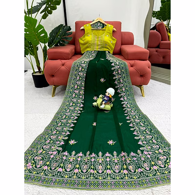 kinjal textiles green wedding saree with thread embroidery work