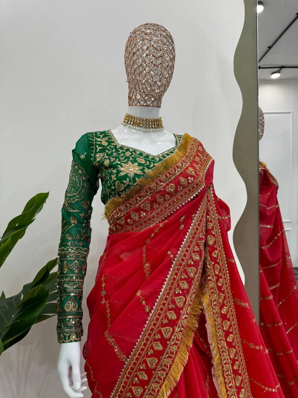 Red Organza Silk Embroidered Wedding Saree