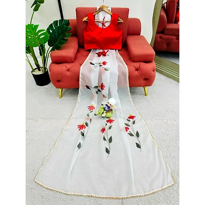 KINJAL White Digital Print Tabby Silk Saree - Elegant Indian Wedding & Bridal Saree