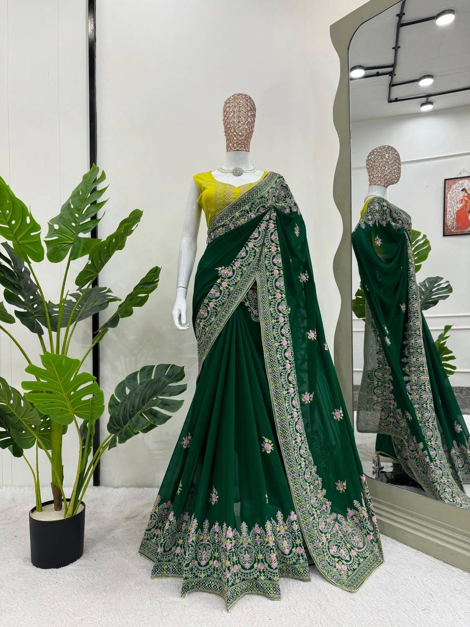 Exquisite Green Color Wedding Saree in Georgette with Thread Embroidery and Blouse-Green-1