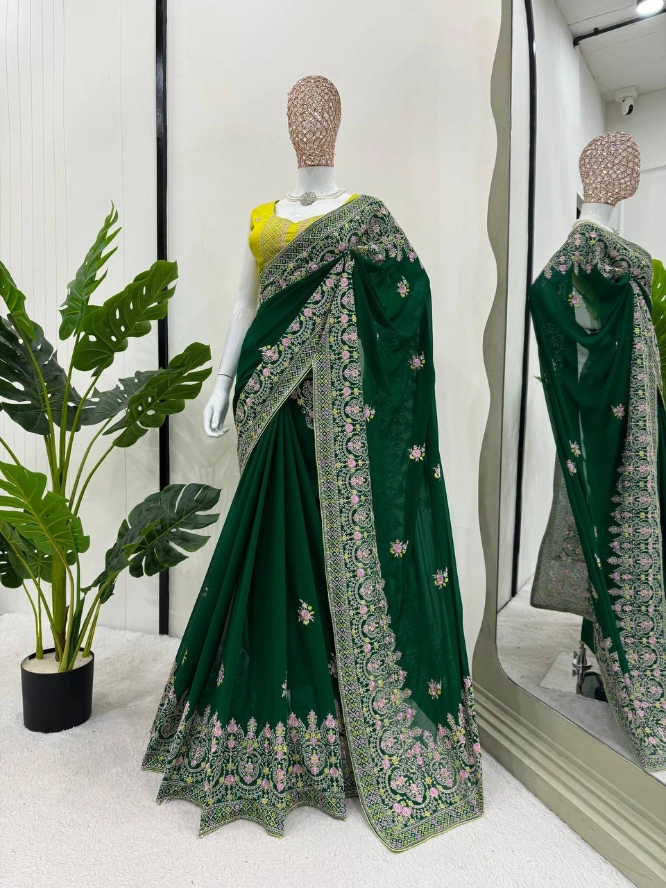 Exquisite Green Color Wedding Saree in Georgette with Thread Embroidery and Blouse-Green-2