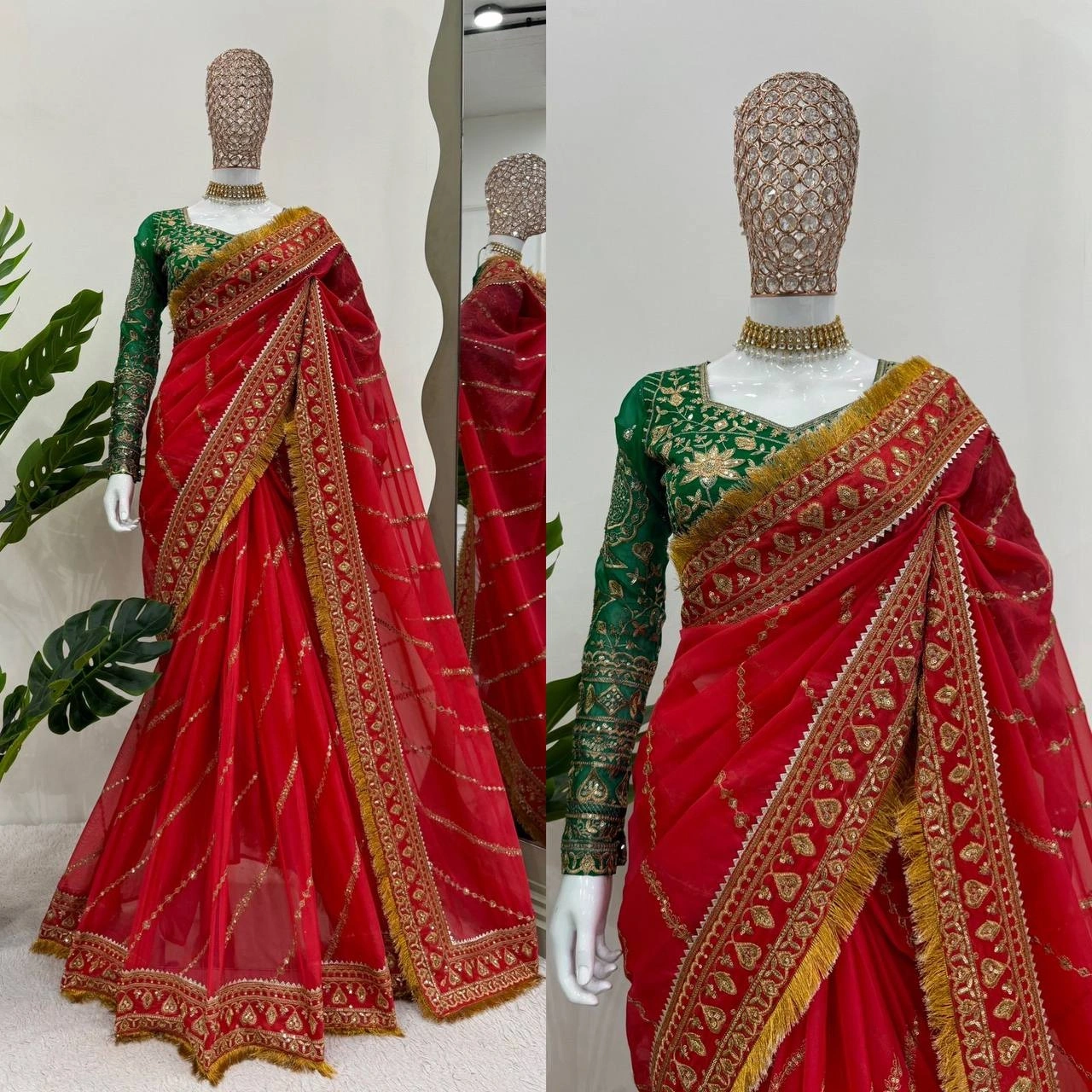 Red Organza Silk Embroidered Wedding Saree-KD-513