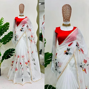 White Digital Print Tabby Silk Saree