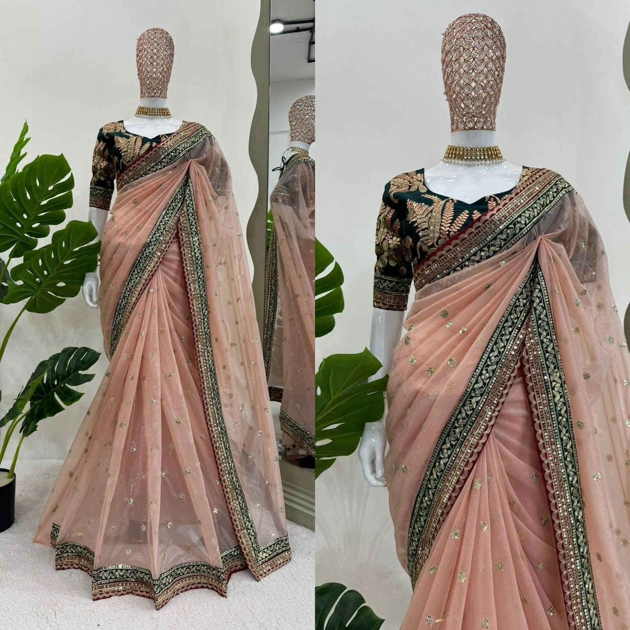 Light Peach Tissue Silk Net Designer Saree