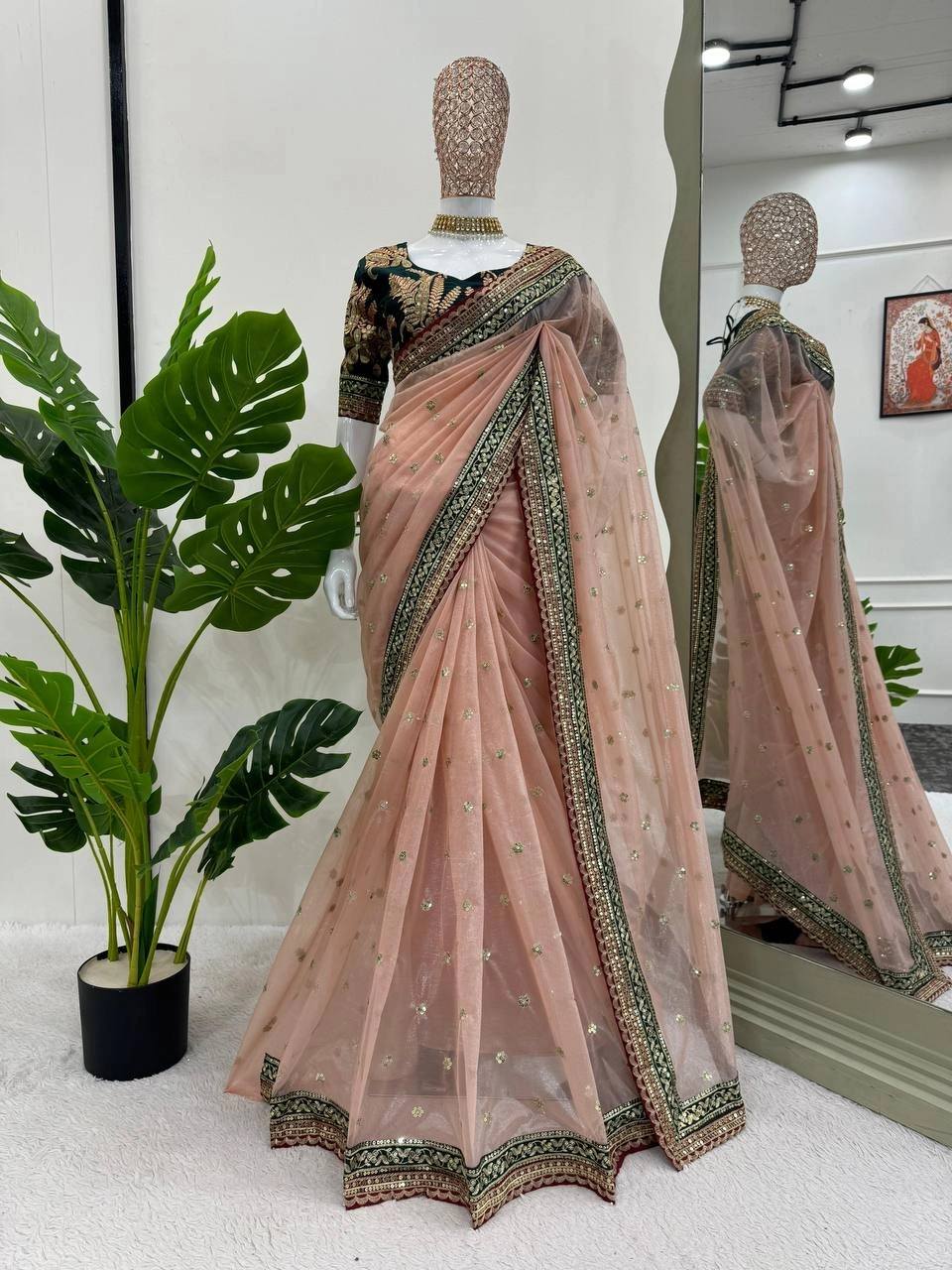 Light Peach Tissue Silk Net Designer Saree