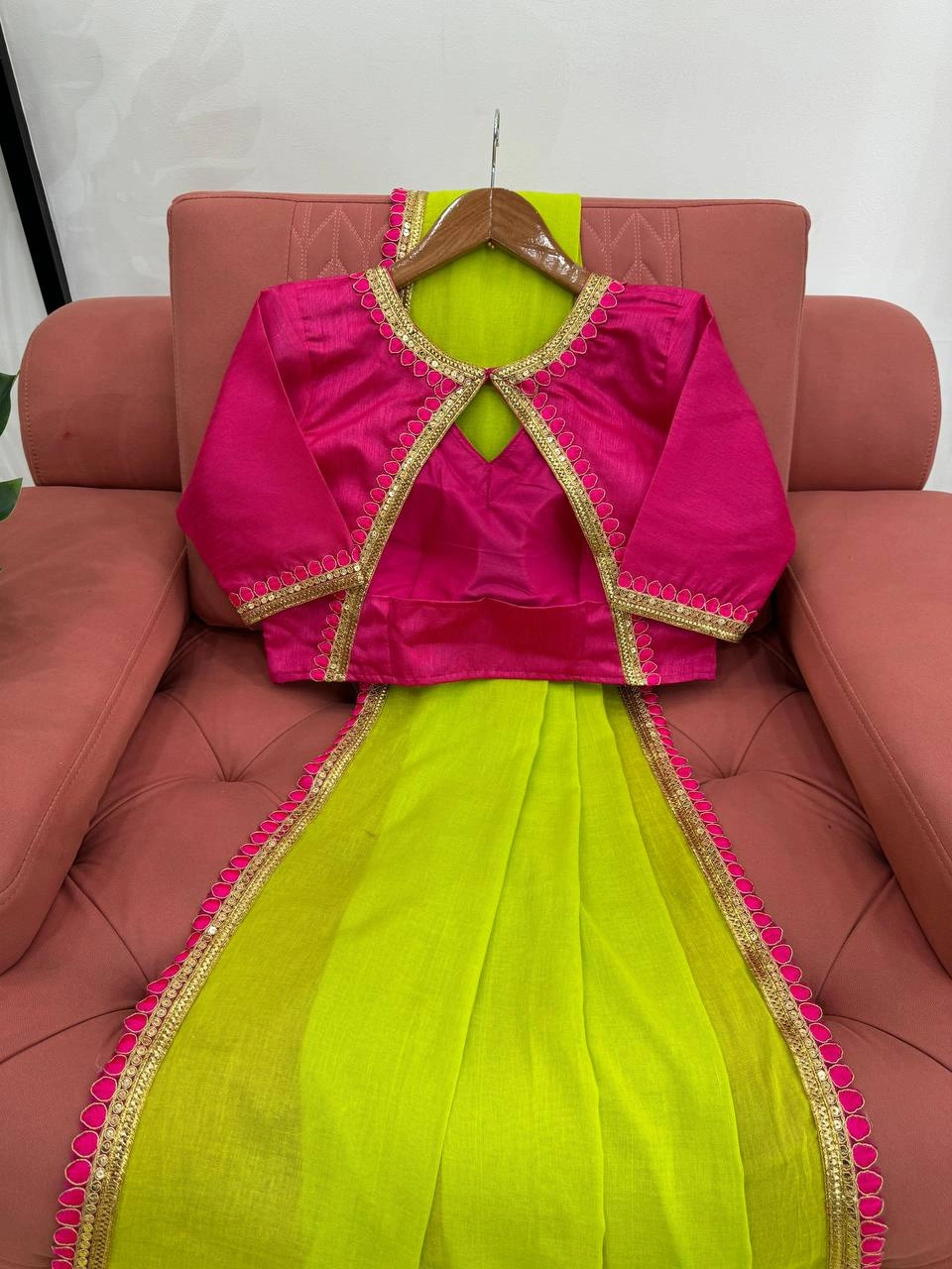 Pistachio Green shade premium mul cotton silk saree with Rani pretty lace attached and designer blou