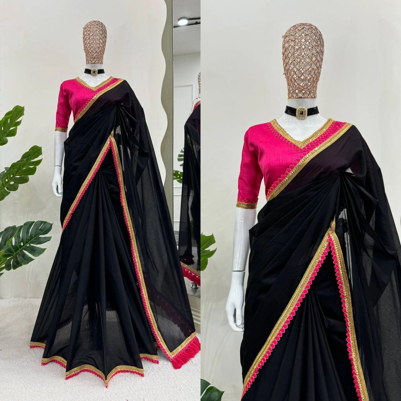 Jet black shade premium mul cotton silk saree with Rani pretty lace attached and designer blouse