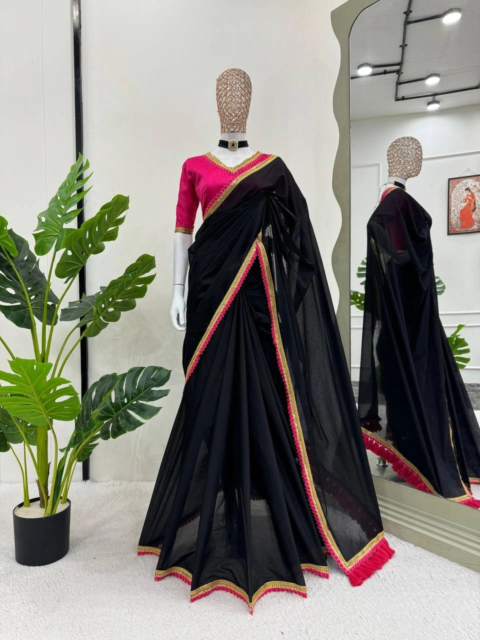 Jet black shade premium mul cotton silk saree with Rani pretty lace attached and designer blouse