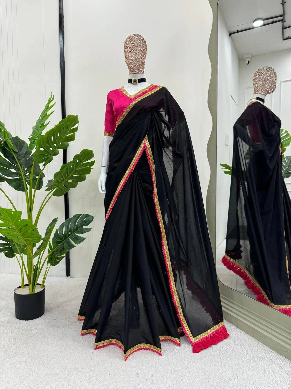 Jet black shade premium mul cotton silk saree with Rani pretty lace attached and designer blouse