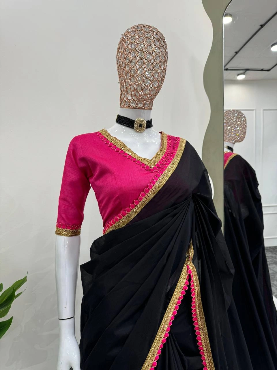 Jet black shade premium mul cotton silk saree with Rani pretty lace attached and designer blouse