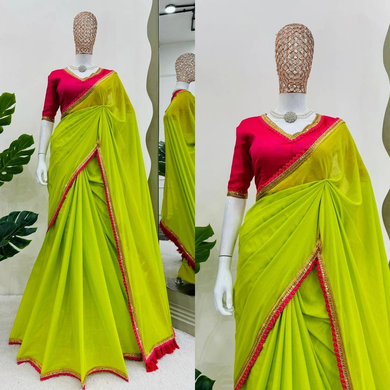 Pistachio Green shade premium mul cotton silk saree with Rani pretty lace attached and designer blou