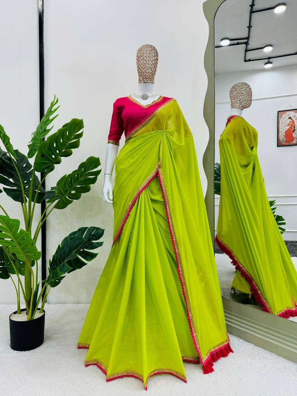 Pistachio Green shade premium mul cotton silk saree with Rani pretty lace attached and designer blou