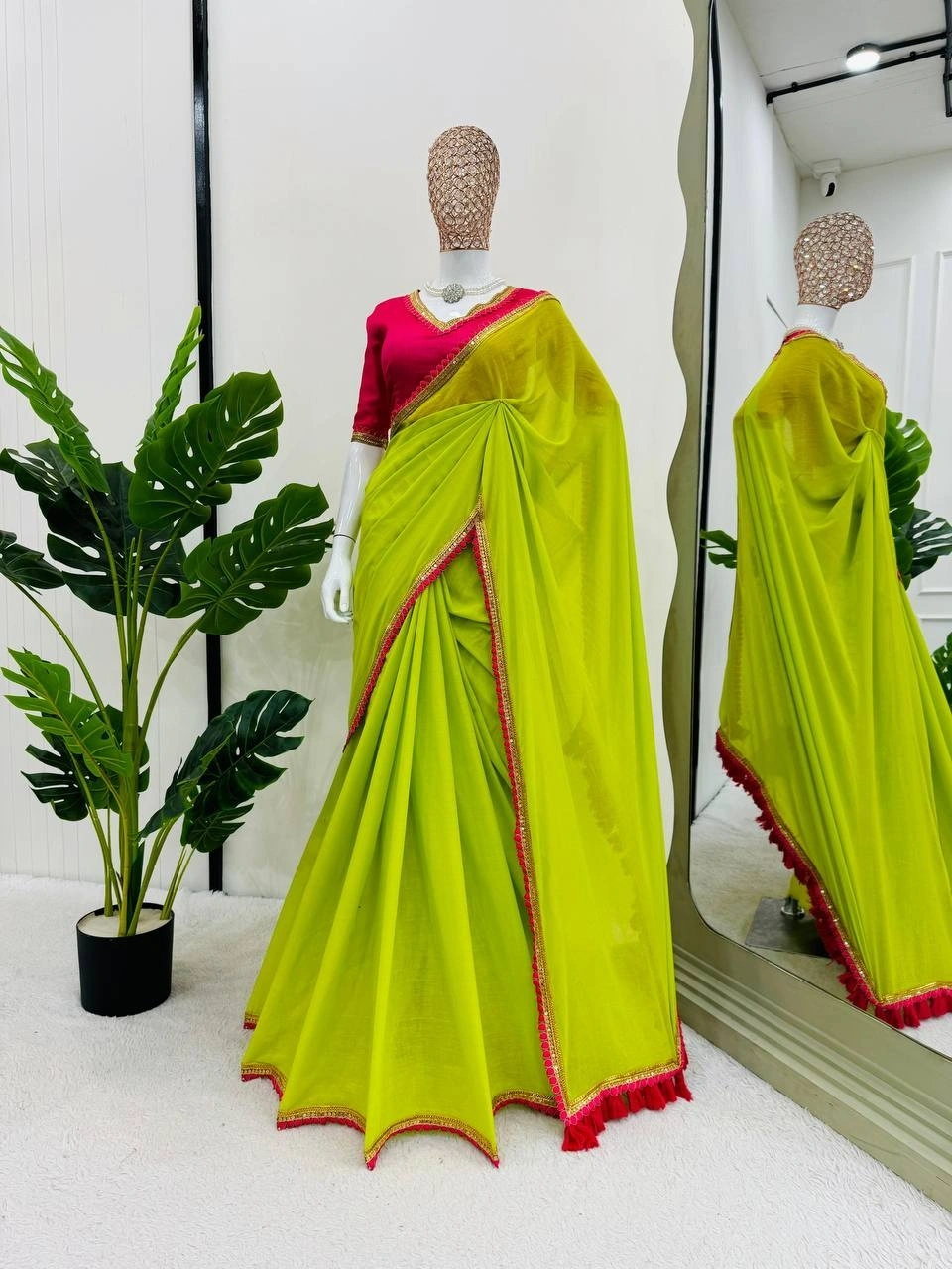 Pistachio Green shade premium mul cotton silk saree with Rani pretty lace attached and designer blou