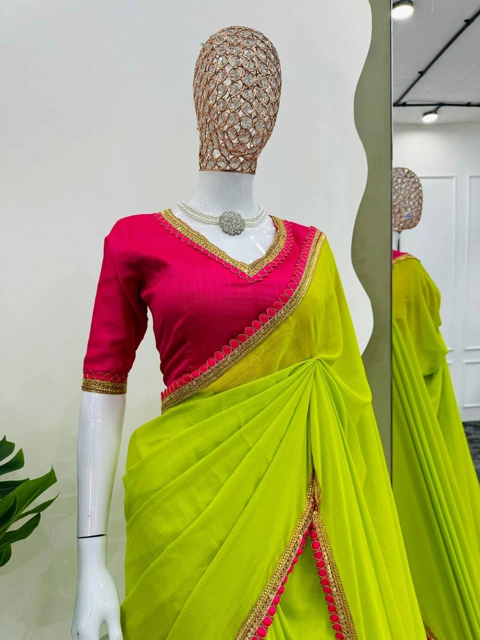 Pistachio Green shade premium mul cotton silk saree with Rani pretty lace attached and designer blou