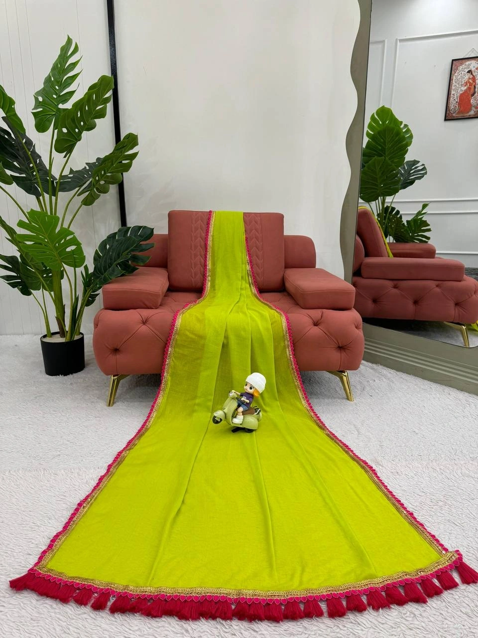 Pistachio Green shade premium mul cotton silk saree with Rani pretty lace attached and designer blou