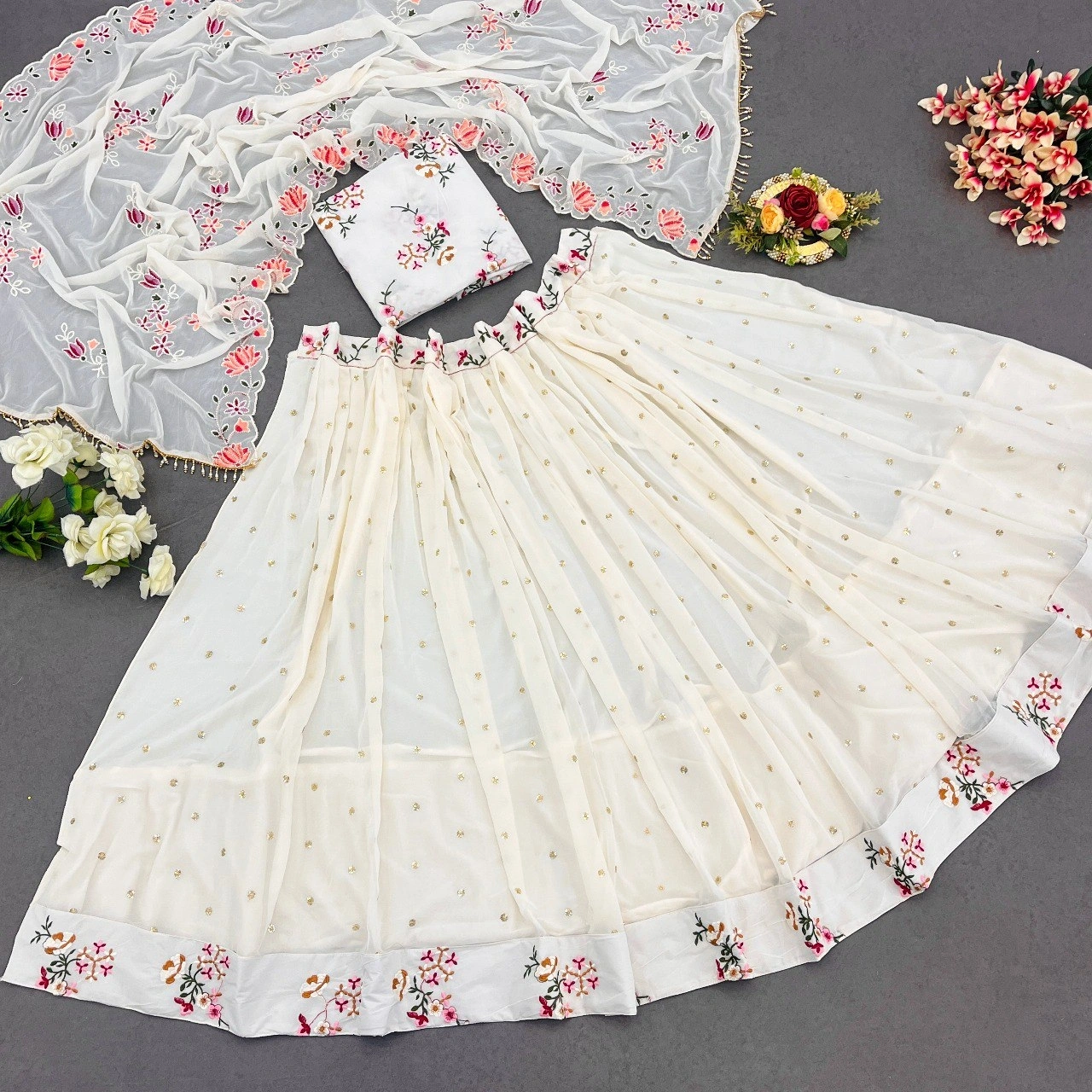 White Multi Needle Embroidery Lehenga Choli - Elegant Georgette Ethnic Wear-White-2