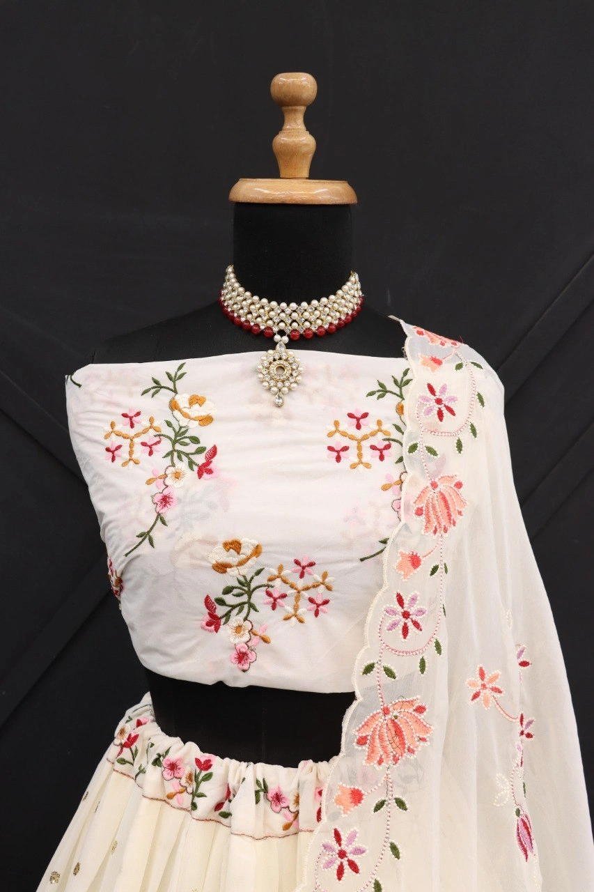 White Multi Needle Embroidery Lehenga Choli - Elegant Georgette Ethnic Wear-White-3