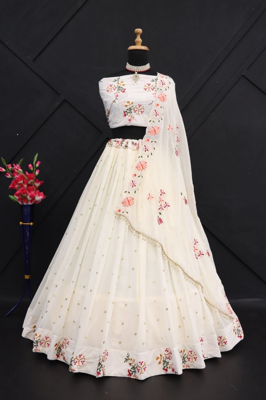 White Multi Needle Embroidery Lehenga Choli - Elegant Georgette Ethnic Wear-White-4