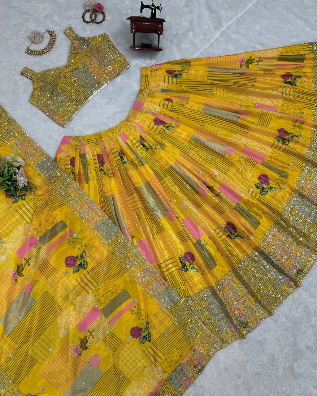 Yellow Chinon Silk Lehenga Choli-Yellow-6