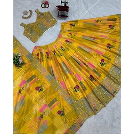 Queen Yellow Chinon Silk Lehenga Choli