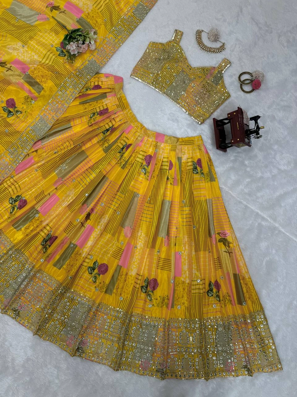 Yellow Chinon Silk Lehenga Choli-Yellow-7