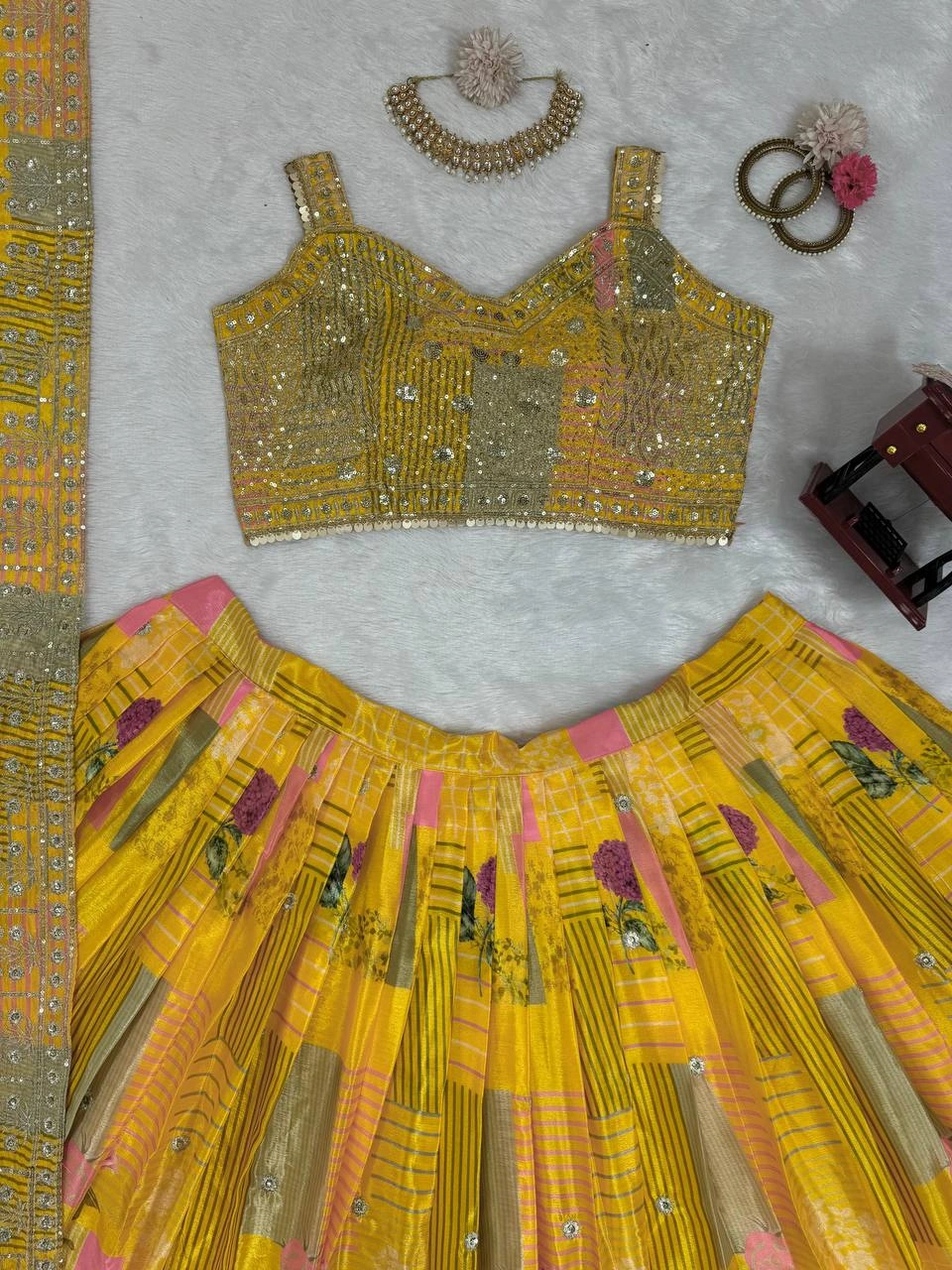 Yellow Chinon Silk Lehenga Choli-Yellow-8