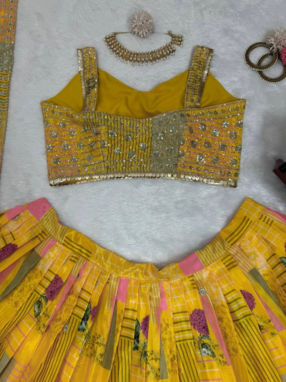 Yellow Chinon Silk Lehenga Choli-Yellow-9