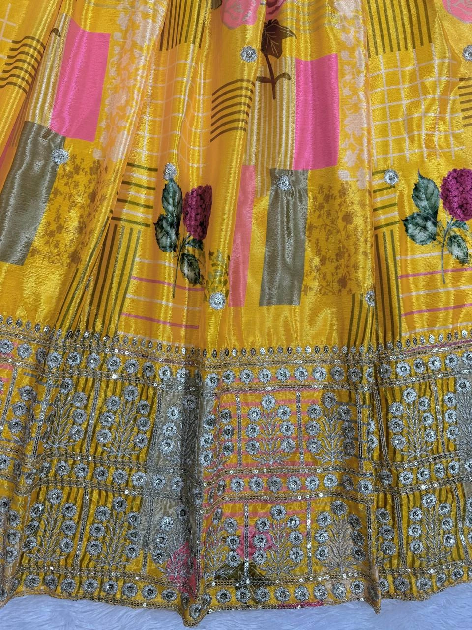 Yellow Chinon Silk Lehenga Choli-Yellow-10