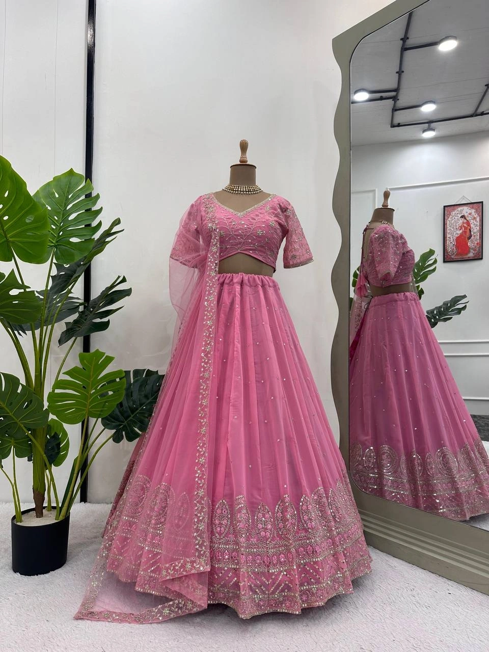 Pastel Pink Georgette Thread With Sequence Work Lehenga Choli-Pink-1