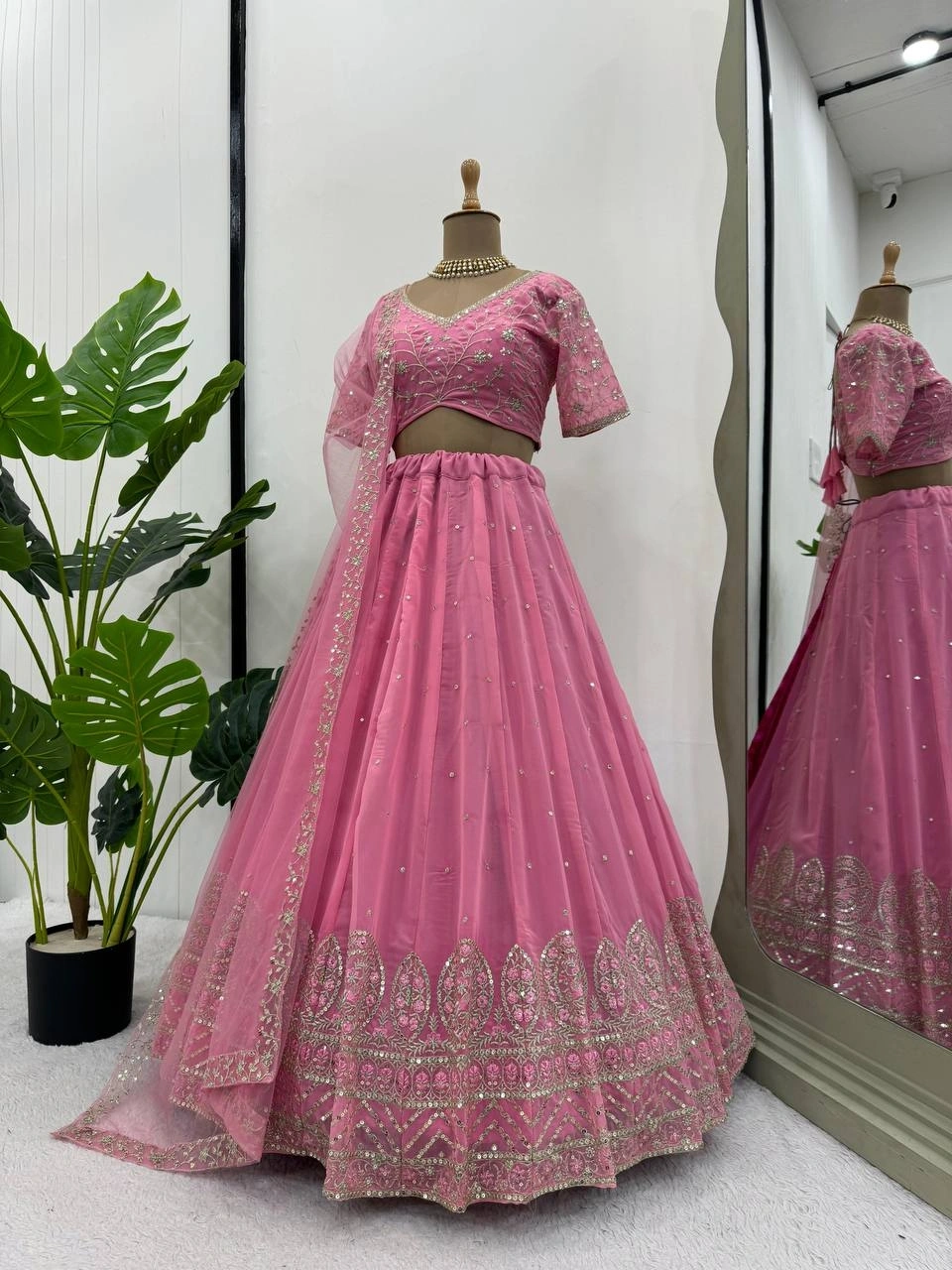 Pastel Pink Georgette Thread With Sequence Work Lehenga Choli-Pink-2