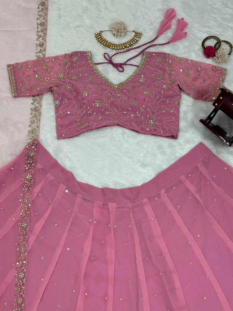 Pastel Pink Georgette Thread With Sequence Work Lehenga Choli-Pink-5