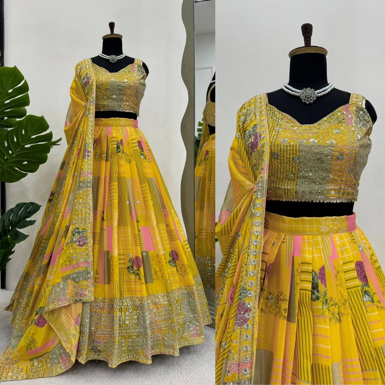 Yellow Chinon Silk Lehenga Choli-QRC293